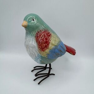 Vintage Glossy Ceramic Colorful Bird Figurine Finish Metal Legs
